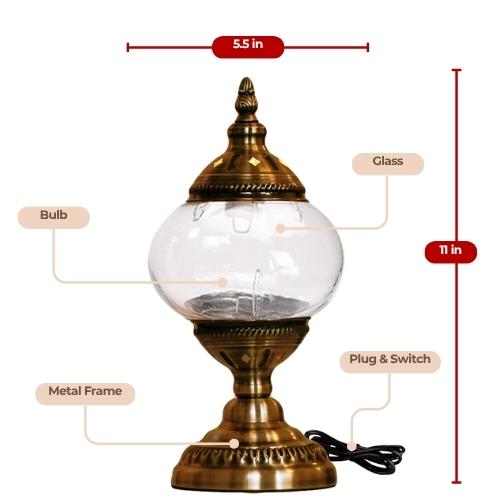 11-inch vintage brass metal frame table lamp with clear glass globe, bulb, and plug switch