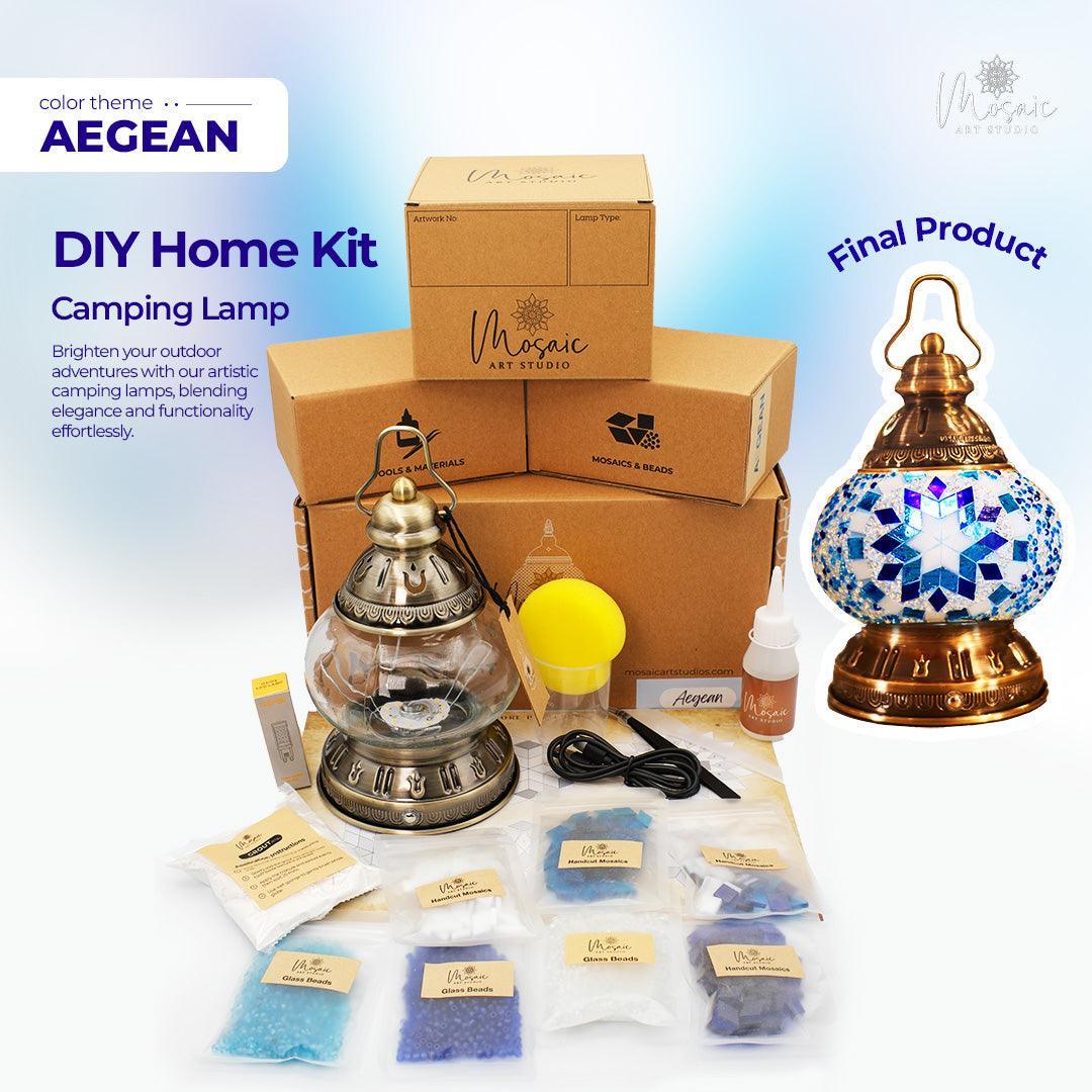 DIY Aegean camping lamp home kit with glass beads, mosaic materials, and bronze lamp base