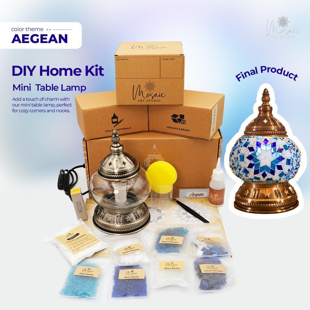 DIY home kit for Aegean mini table lamp with glass beads, tools, and lamp base in packaging