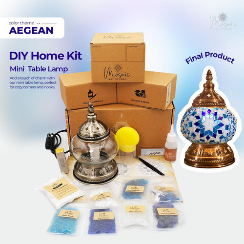 DIY home kit for Aegean mini table lamp with glass beads, tools, and lamp base in packaging