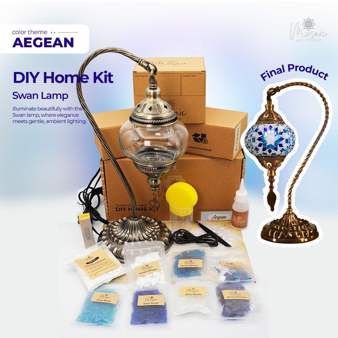 DIY home kit for Aegean Swan lamp with mosaic beads, glass pieces, adhesive, lamp base, and final decorated lamp image