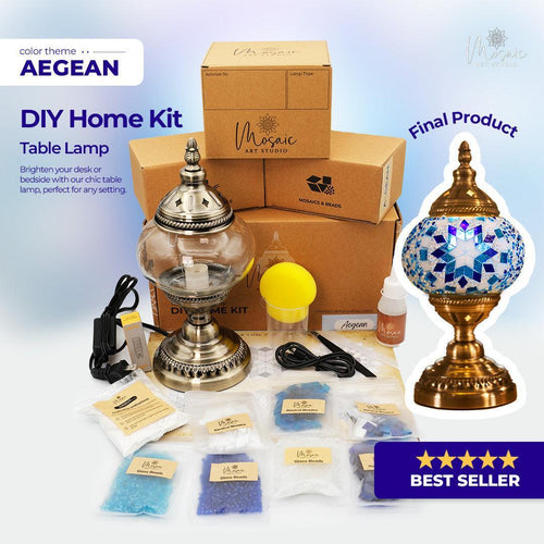 DIY Aegean color theme mosaic table lamp home kit with glass beads and lamp base, best seller