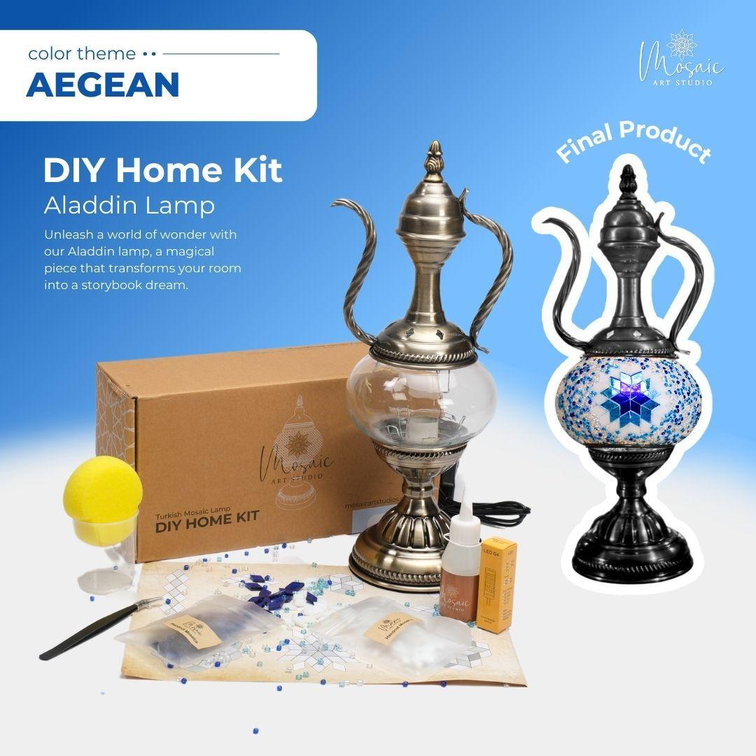 DIY Aegean-themed Aladdin lamp home kit with assembly materials and final mosaic lamp product
