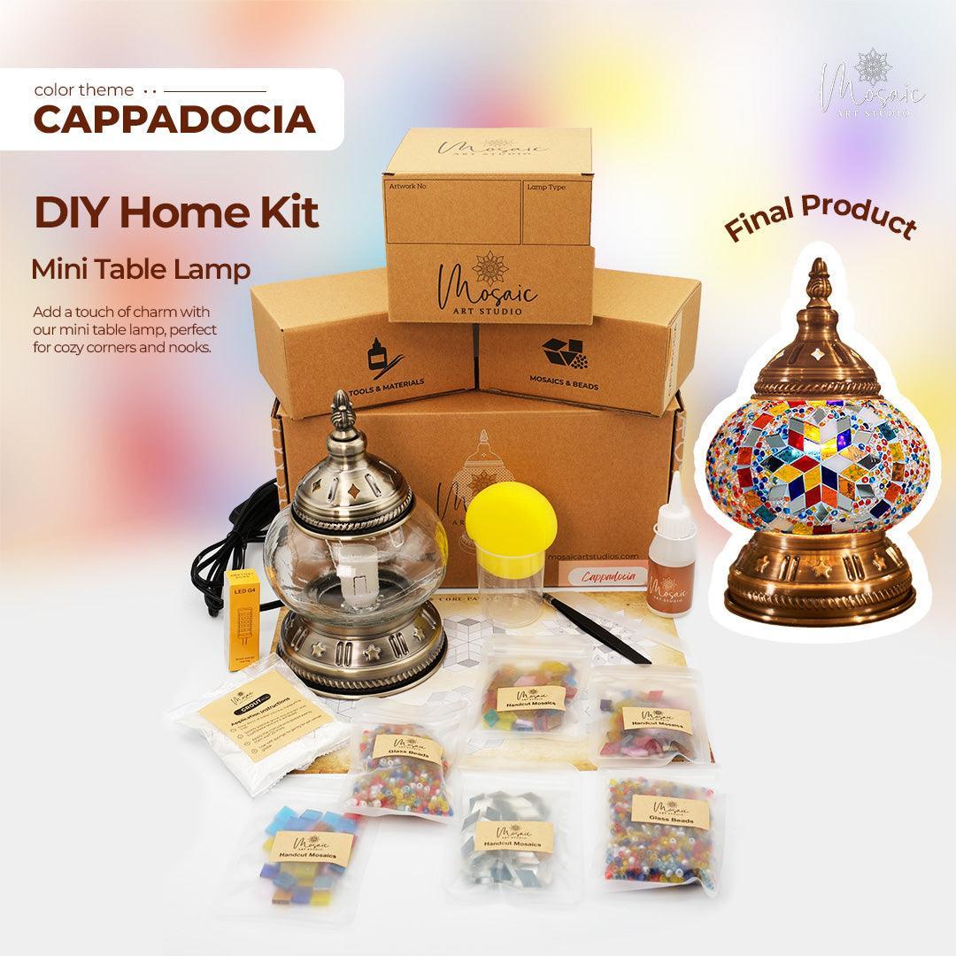 DIY Cappadocia mini table lamp kit with mosaic beads, materials, and tools with final colorful product