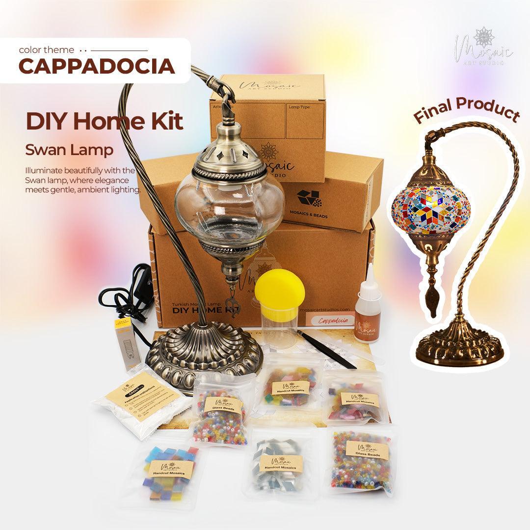DIY Cappadocia Swan Lamp home kit with glass beads, mosaic tiles, glue, and metal lamp frame on white background
