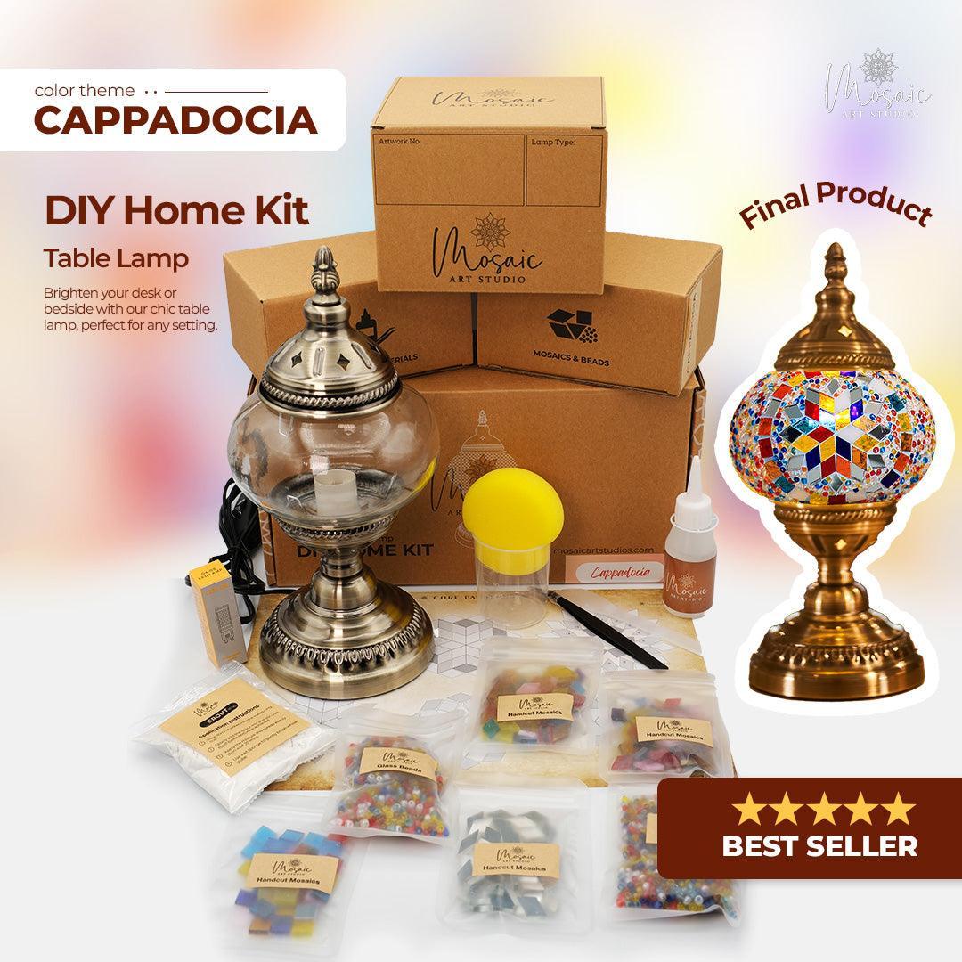 DIY Cappadocia table lamp home kit with mosaic beads, glue, and assembly tools beside decorative lamp