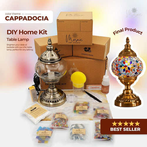 DIY Cappadocia table lamp home kit with mosaic beads, glue, and assembly tools beside decorative lamp
