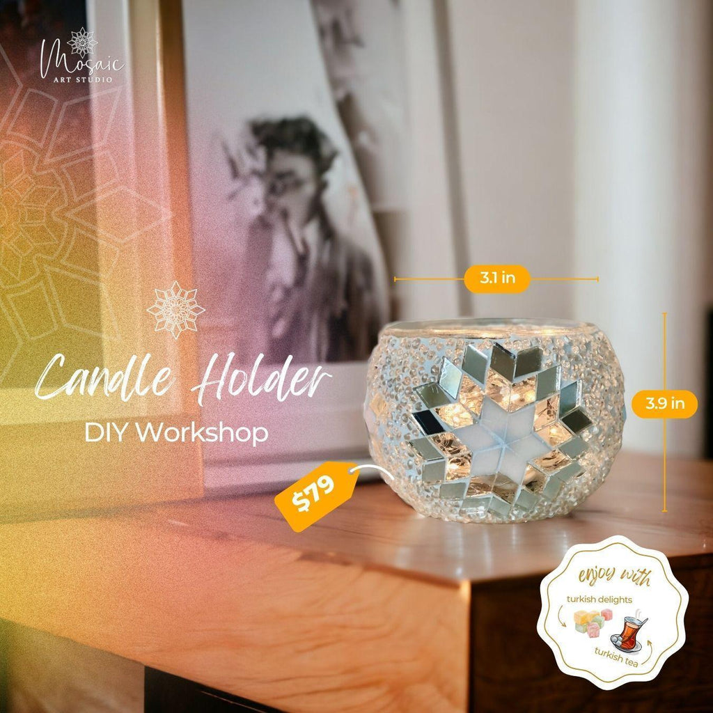 Decorative glass candle holder with star mosaic pattern, 3.1x3.9 inches, on wooden table