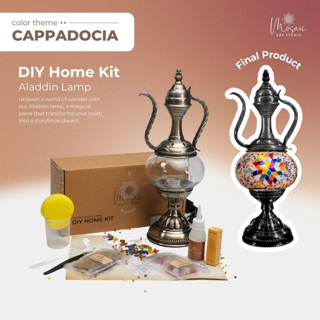 Cappadocia DIY home kit featuring an Aladdin lamp base, mosaic beads, glue, and final colorful mosaic Aladdin lamp