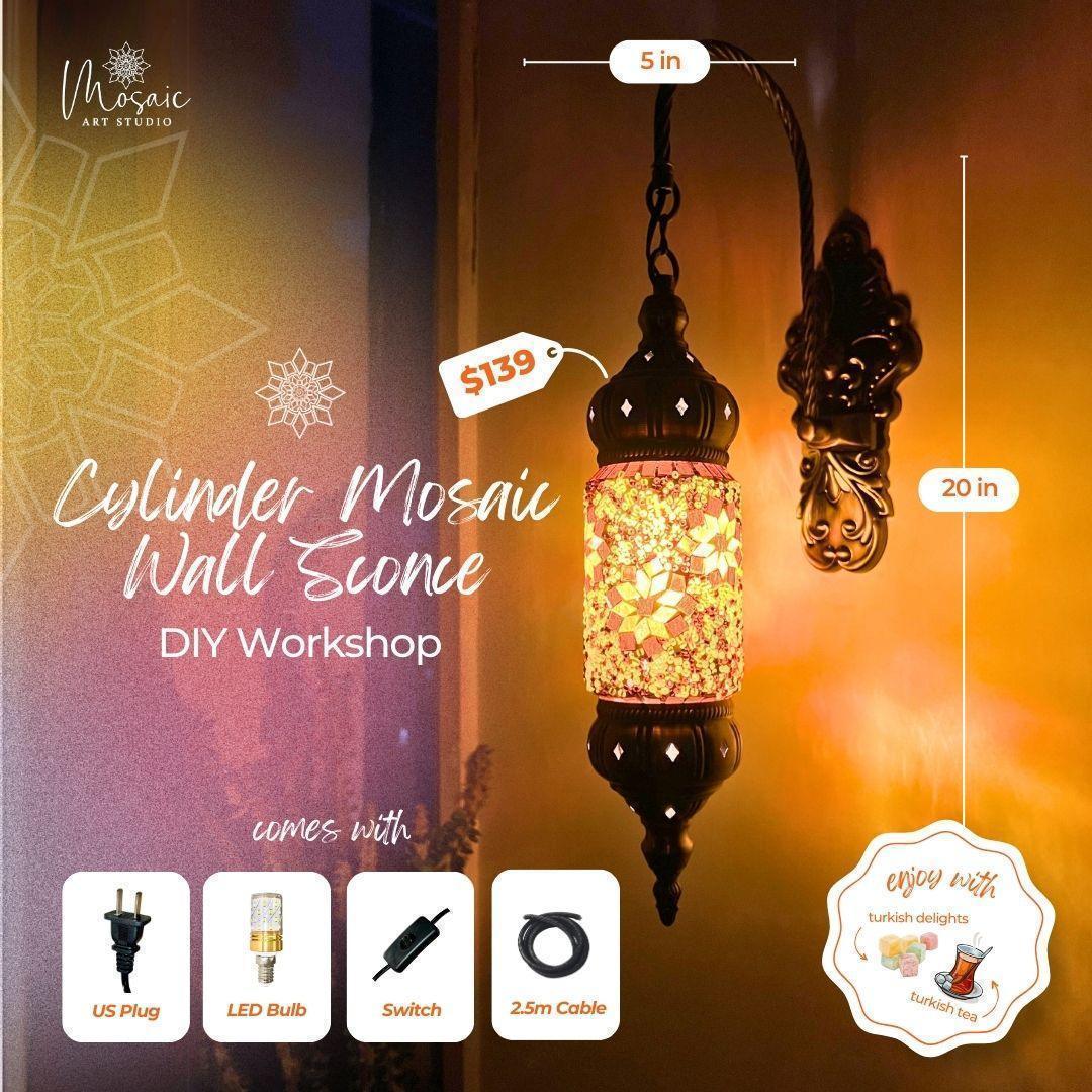 Cylinder mosaic wall sconce with warm light, bronze mount, 20 in height, 5 in width, $139 DIY kit