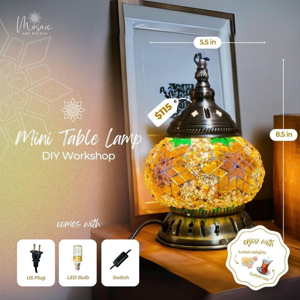Mini table lamp with mosaic design, 5.5x8.5 inches, included US plug, LED bulb, and switch