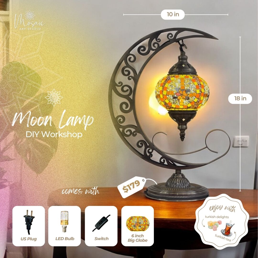 6-inch mosaic moon lamp with ornate metal stand, LED bulb, and US plug, ideal for DIY workshop