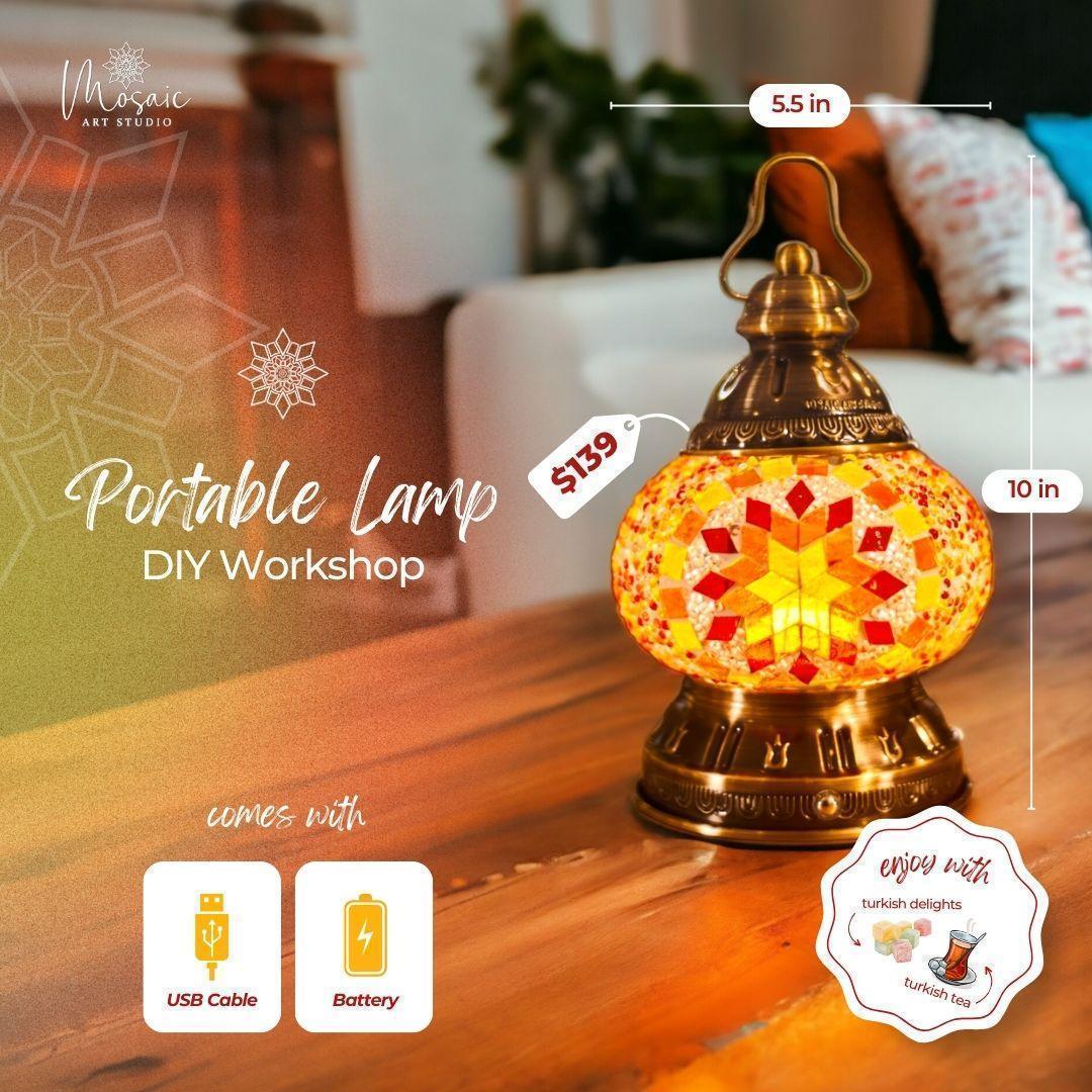 Portable mosaic lamp on wooden table glowing with warm colors, 10x5.5 inches, $139, USB and battery powered