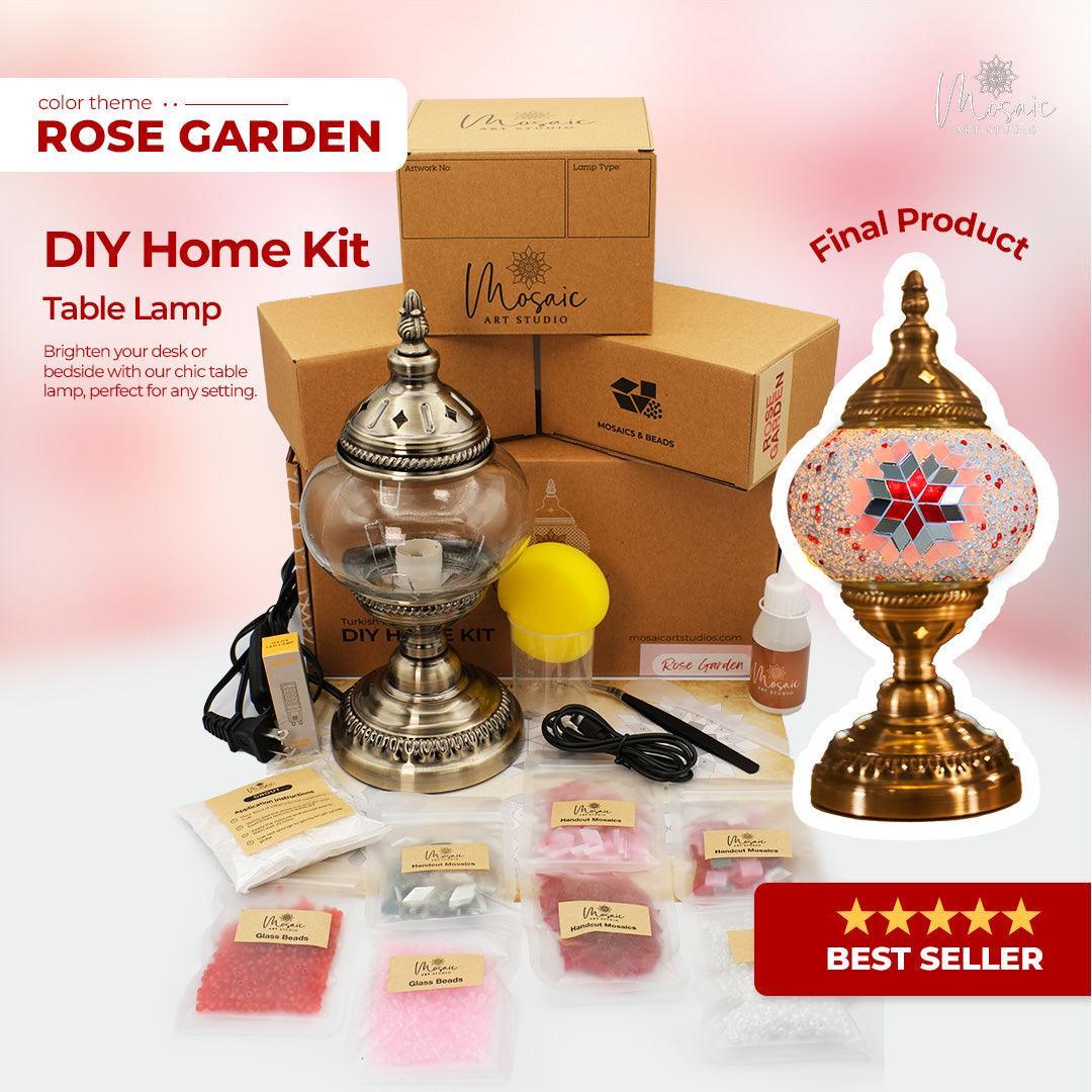 Rose Garden DIY Home Kit table lamp with mosaic glass beads and brass lamp base, craft kit supplies