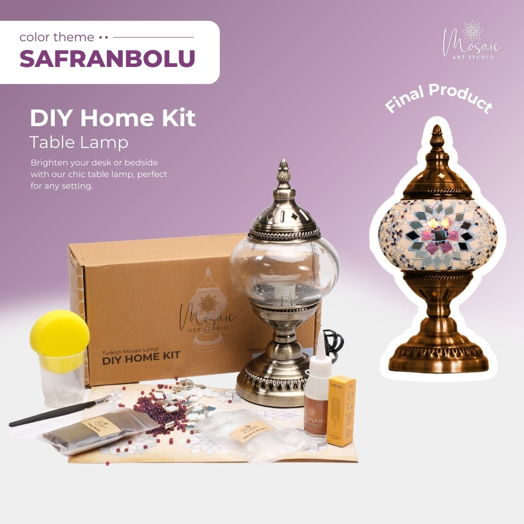 Safranbolu DIY Home Kit with Turkish Mosaic Table Lamp components and final mosaic lamp product