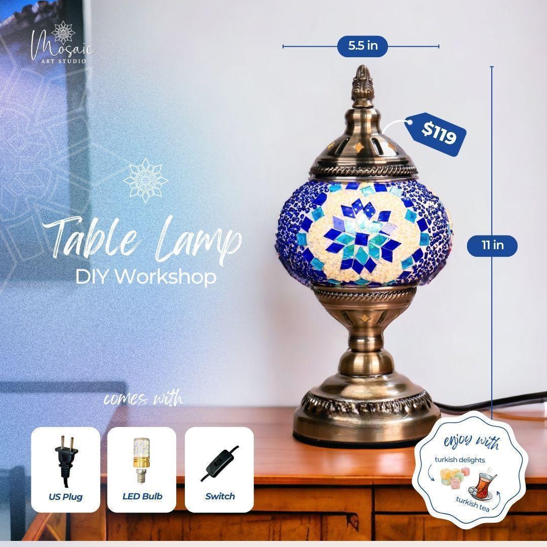 Turkish mosaic table lamp with blue and white glass tiles on wooden desk, 11x5.5 inches