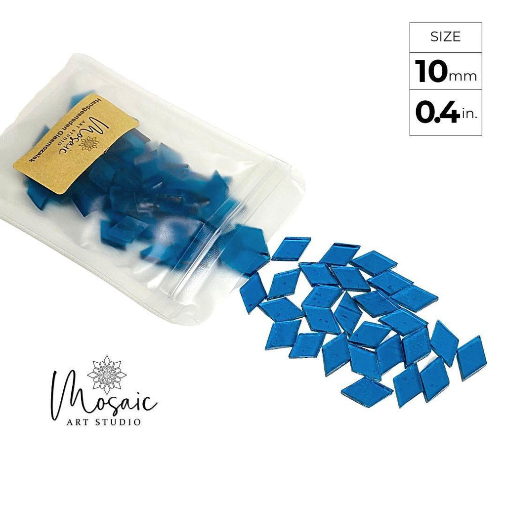 10mm blue diamond-shaped glass mosaic tiles spilling from a clear resealable bag by Mosaic Art Studio