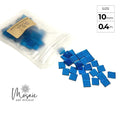 10mm blue hand-cut glass mosaic tiles spilling from clear pouch labeled Mosaic Art Studio
