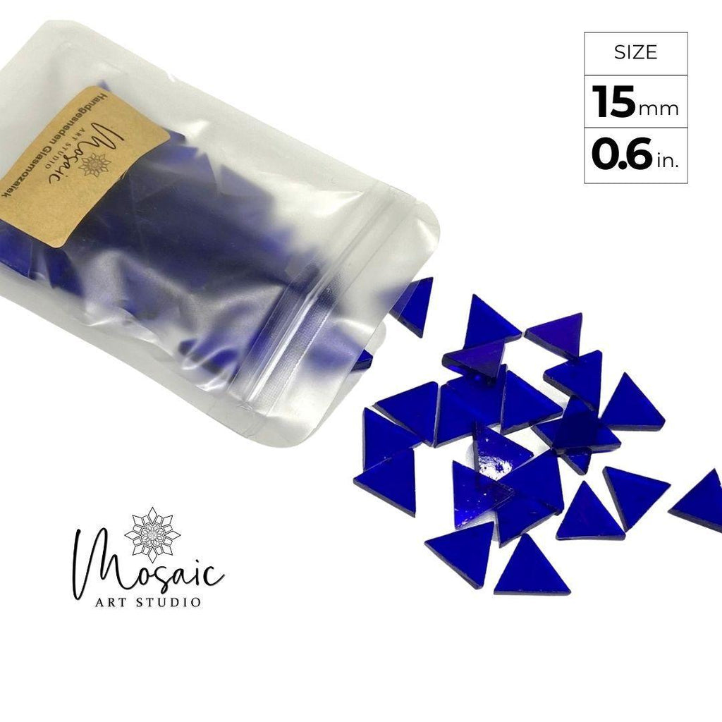 15mm hand-cut blue triangle glass mosaic tiles spilling from matte pouch by Mosaic Art Studio