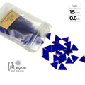 15mm hand-cut blue triangle glass mosaic tiles spilling from matte pouch by Mosaic Art Studio